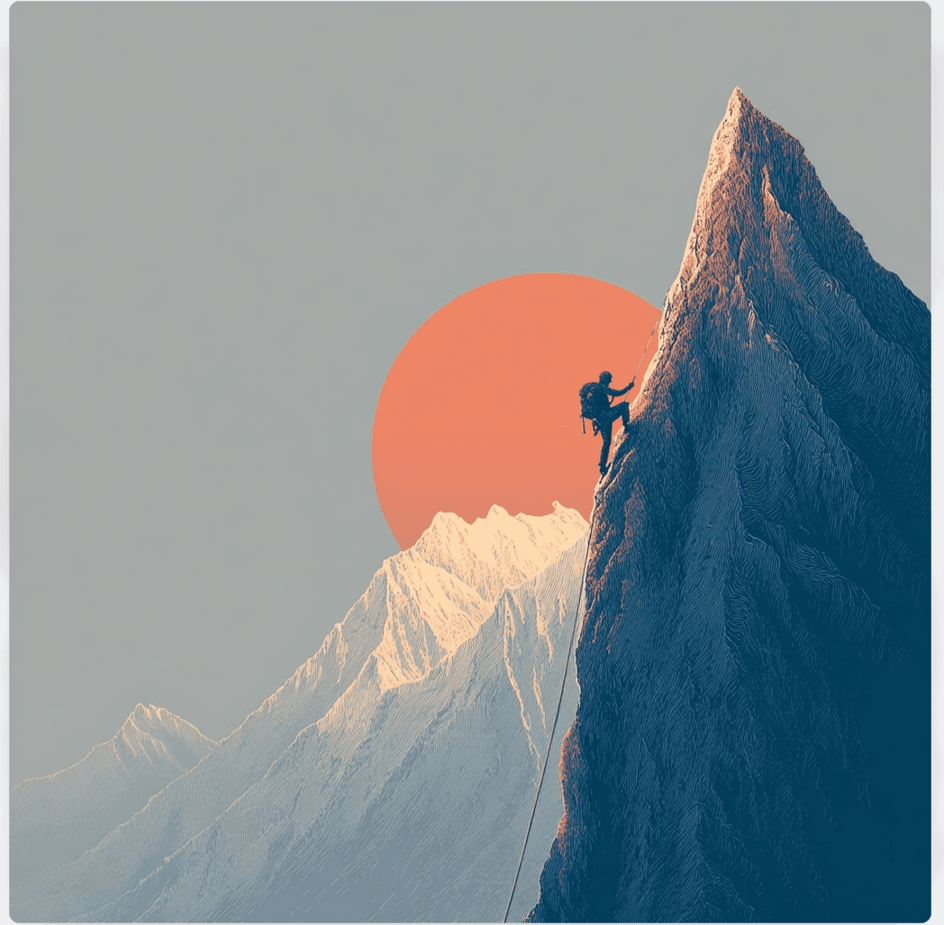 Kletternde Person am Felsen vor untergehender Sonne — Alpine-Illustration im Linien-Stil